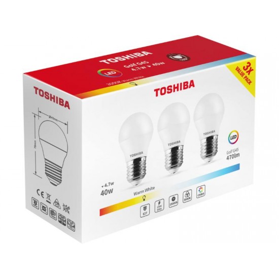 TOSHIBA LED 3PACK G45 E27 4.7W 3000K