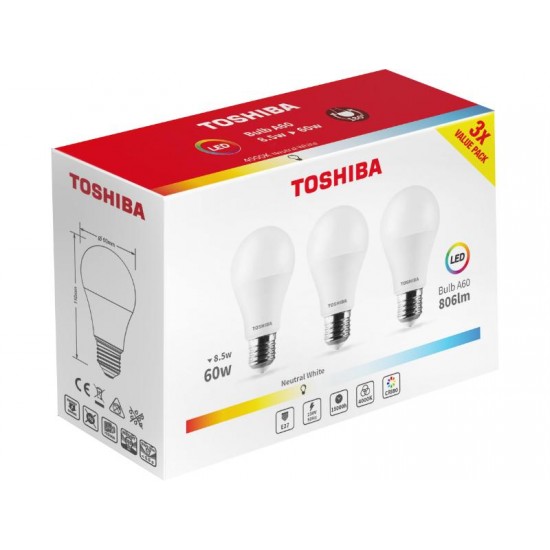 TOSHIBA LED 3PACK A60 E27 8.5W 4000K