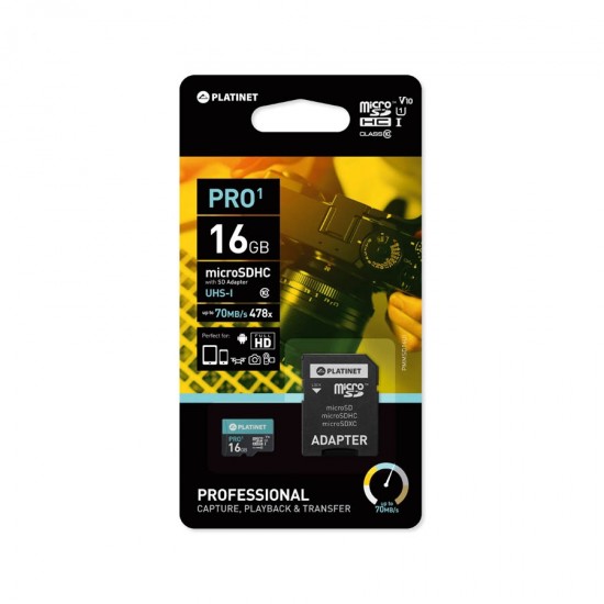 PLATINET microSDHC Secure digital + adapter SD 16GB CLASS 10 UI 70MB/s PMMSD16UI