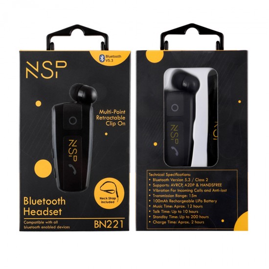 Ακουστικό Bluetooth V6.0 Retractable Clip on Headset Vibration + Anti-Lost NSP BN222