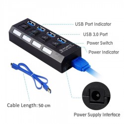 USB 3.0 HUB 4-Port Hi-Speed w/Switches & Blue LED Desing