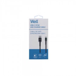 Καλώδιο 3A USB 2.0 σε Type-C Φόρτισης - Data με ένδειξη φόρτισης 1m Μαύρο Well CABLE-USB/USBC-1BK04-