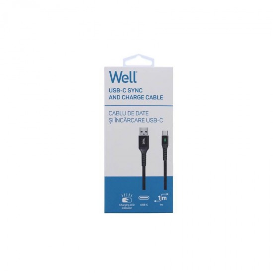 Καλώδιο 3A USB 2.0 σε Type-C Φόρτισης - Data με ένδειξη φόρτισης 1m Μαύρο Well CABLE-USB/USBC-1BK04-