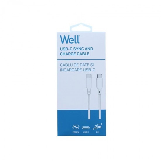 Καλώδιο 60W USB-C σε Type-C Φόρτισης - Data 2m Λευκό Well CABLE-USBC/USBC-2WE06-WL