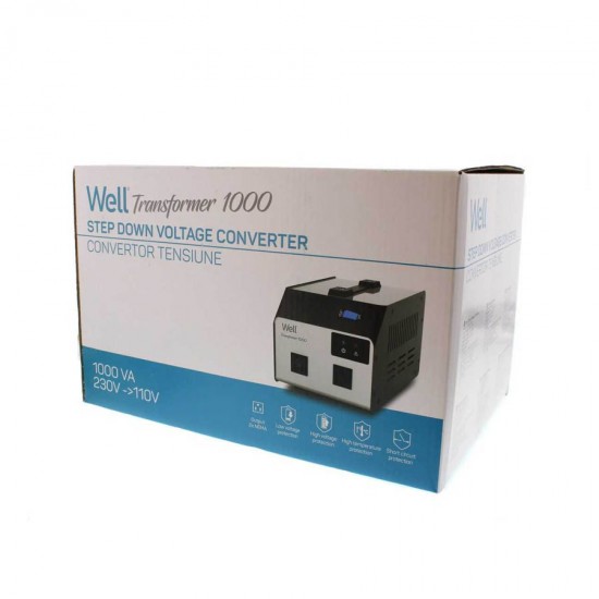 VOLTAGE CONVERTER-110V 1000VA 2 OUTPUTS Well Black PSUP-CONV-TRA1000-WL