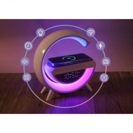 RGB LED φωτιστικό με ασύρματη φόρτιση, LCD Dispaly, Bluetooth Speaker, FM Radio, USB, AUX, Alarm LXG