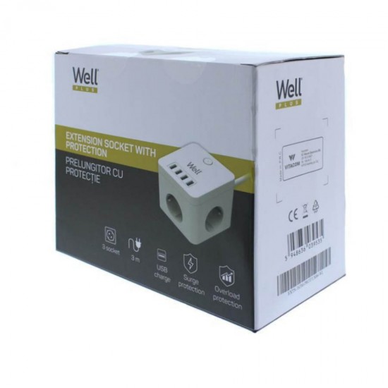 Πολύπριζο Well 3x Schuko και 4x USB 3m/3g1.5 με προστασία EXTS-3S3M-PROT/USB4-WL