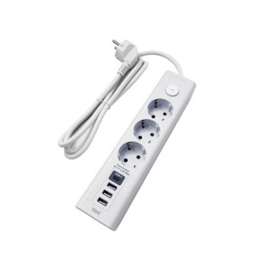 Πολύπριζο Well 3x Schuko, 3x USB και με 1x USB-C Διακόπτη 3m/3g1.5 EXTS-3S3M-USBC4-WL
