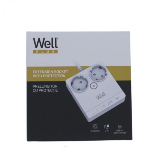 Πολύπριζο Well 2x Schuko και 3x USB A & 1x USB Type-C 2m/3g1.5 με προστασία EXTS-2S2M-PROT/USBC4-WL