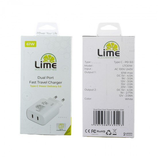 Universal Type-C PD 3.0 Dual Super Fast Travel Wall Charger 61W 4.0A & Type-C 25W Lime LTC61W