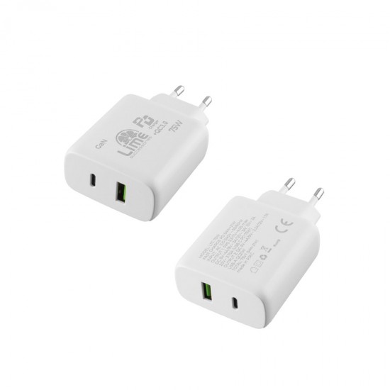 Universal Type-C GAN PD 3.0 Dual Super Fast Travel Wall Charger 75W 4.0A PD 54W & USB QC 3.0 21W Lim