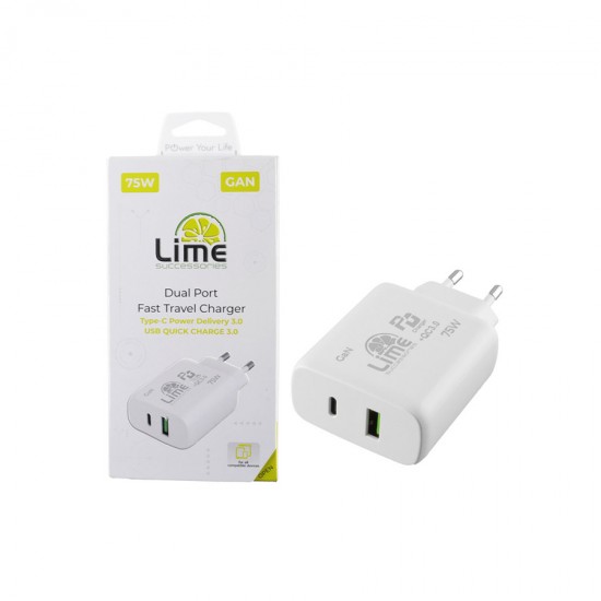 Universal Type-C GAN PD 3.0 Dual Super Fast Travel Wall Charger 75W 4.0A PD 54W & USB QC 3.0 21W Lim