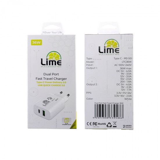 Universal Type-C PD 3.0 Dual Super Fast Travel Wall Charger 36W 4.0A & USB QC 3.0 21W max 36W Lime L
