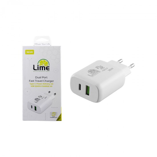 Universal Type-C PD 3.0 Dual Super Fast Travel Wall Charger 36W 4.0A & USB QC 3.0 21W max 36W Lime L