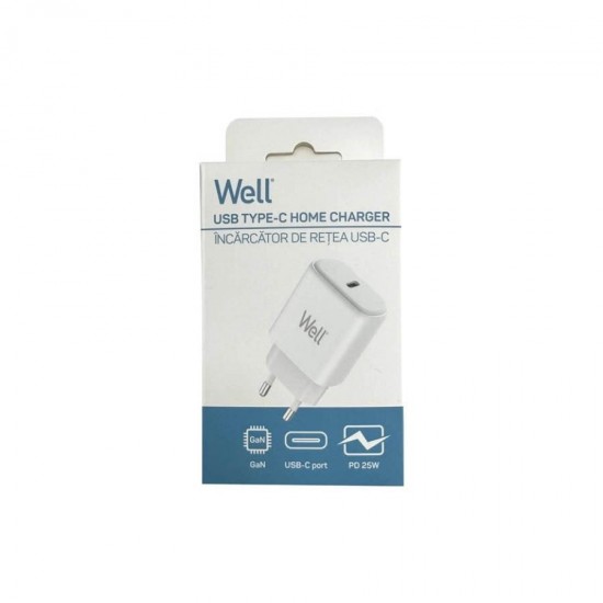 Universal USB-C FastTravel Wall Charger 5VDC/3A (25W) Λευκό Well PSUP-USB-WPD2504WE-WL