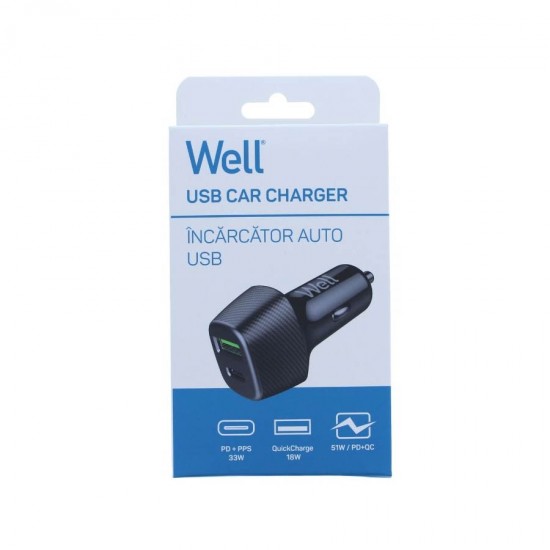 Well Universal DUAL USB 3.0/Type C Fast Car Charger 5V/3A 51W Μαύρος PSUP-USB-CPQ5101BK-WL