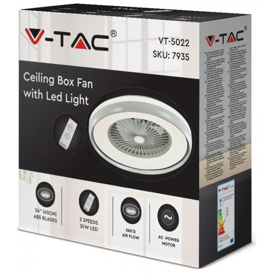 V-TAC Ανεμιστήρας οροφής LED 45W 3 σε 1 λευκό σώμα - γκρι δαχτυλίδι 7 πτερυγίων με ρύθμιση μέσω RF control 7935