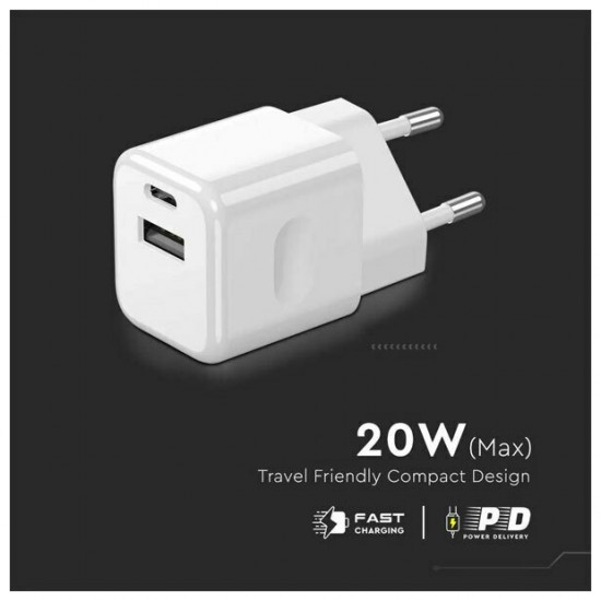 V-TAC Αντάπτορας ταχυφορτιστής ταξιδίου 20W δύο θυρών USB & Type-C με λευκό σώμα 6678