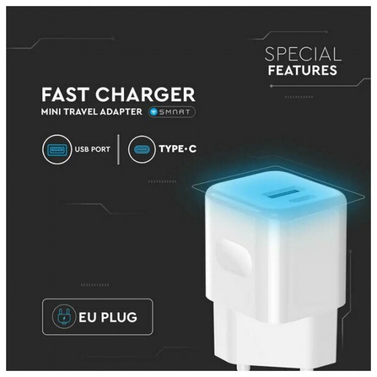 V-TAC Αντάπτορας ταχυφορτιστής ταξιδίου 20W δύο θυρών USB & Type-C με λευκό σώμα 6678
