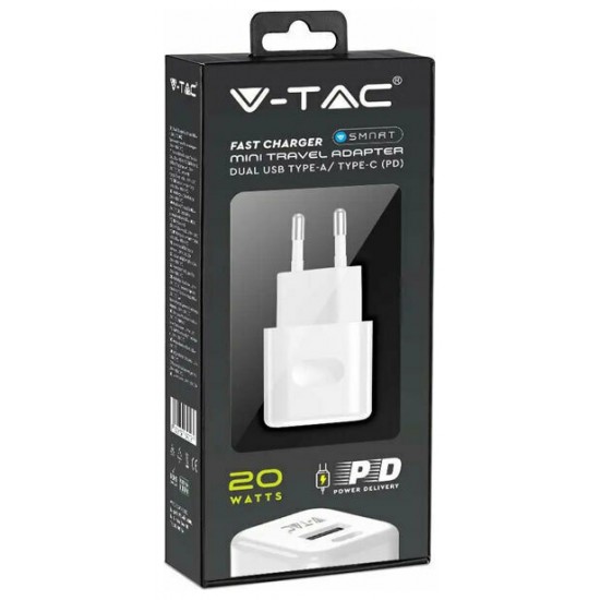 V-TAC Αντάπτορας ταχυφορτιστής ταξιδίου 20W δύο θυρών USB & Type-C με λευκό σώμα 6678