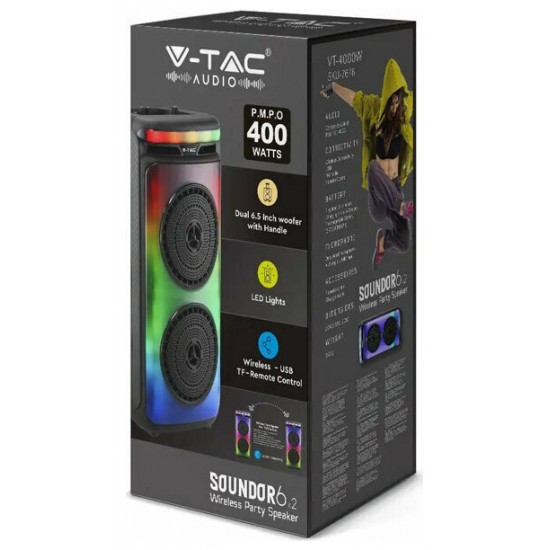 V-TAC Επαναφορτιζόμενο φορητό ηχείο 20W με ενσύρματο μικρόφωνο και χειρισμό RF (2*6.5inch) 7676