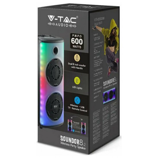 V-TAC Επαναφορτιζόμενο φορητό ηχείο 30W με ενσύρματο μικρόφωνο και χειρισμό RF (2*8inch) 7677
