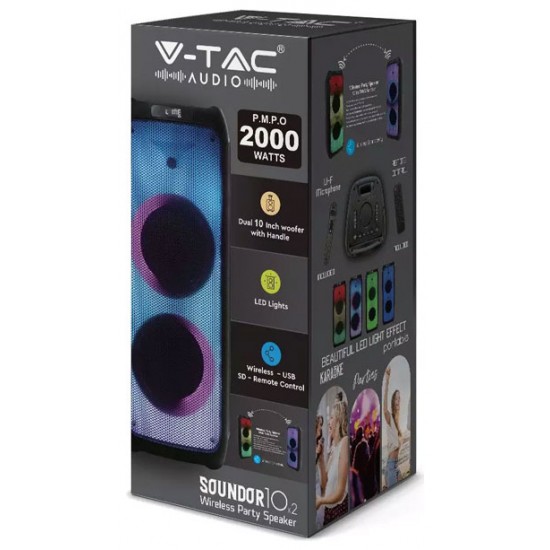V-TAC Επαναφορτιζόμενο Ηχείο 100W με Ασύρματο Μικρόφωνο και RF Τηλεχειριστήριο RGB 2x10inch 8982