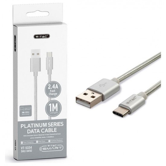 V-TAC Καλώδιο USB Type C 1m Ασημί Platinum Series 8492