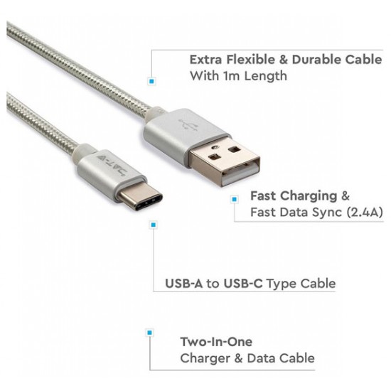 V-TAC Καλώδιο USB Type C 1m Ασημί Platinum Series 8492