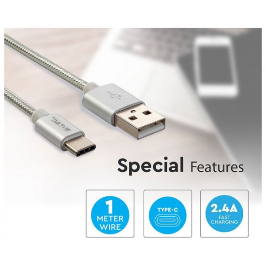 V-TAC Καλώδιο USB Type C 1m Ασημί Platinum Series 8492