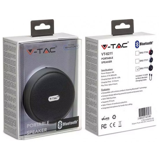 V-TAC Φορητό Ασύρματο Ηχείο Στρογγυλό Bluetooth με USB 800mah Μαύρο 7718