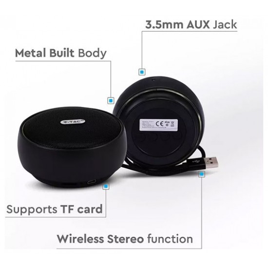 V-TAC Φορητό Ασύρματο Ηχείο Στρογγυλό Bluetooth με USB 800mah Μαύρο 7718