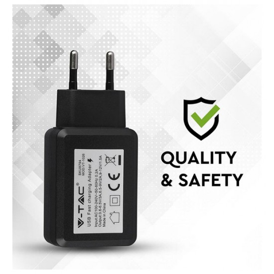 V-TAC Φορτιστής – Αντάπτορας Ταξιδιού Fast Charge USB Μαύρος 8794