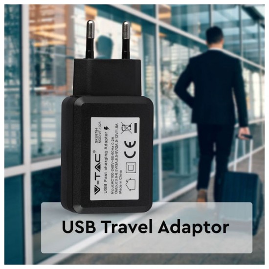 V-TAC Φορτιστής – Αντάπτορας Ταξιδιού Fast Charge USB Μαύρος 8794