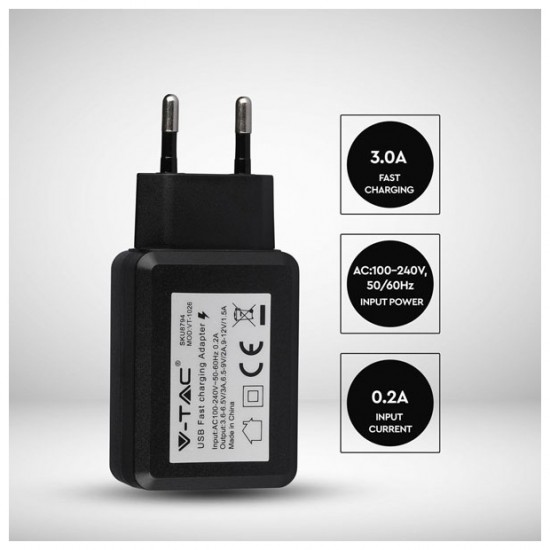 V-TAC Φορτιστής – Αντάπτορας Ταξιδιού Fast Charge USB Μαύρος 8794