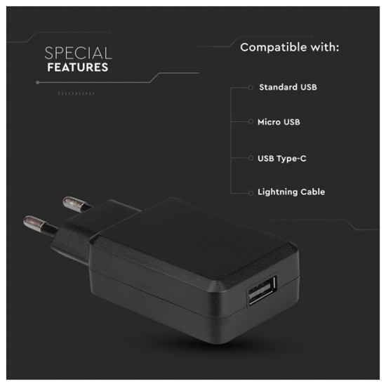 V-TAC Φορτιστής – Αντάπτορας Ταξιδιού Fast Charge USB Μαύρος 8794