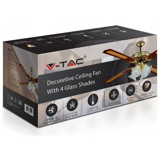 Ανεμιστήρας Οροφής V-TAC 55W με 4 πτερύγια μαζί με Φωτιστικό με 4 Ντουί Ε27 Ρυθμιζόμενος 7921