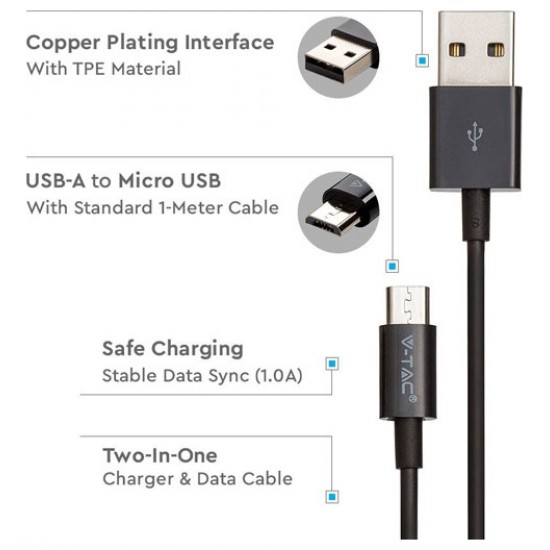 V-TAC Καλώδιο MICRO USB 1m Μαύρο Silver Series 8485 V-TAC