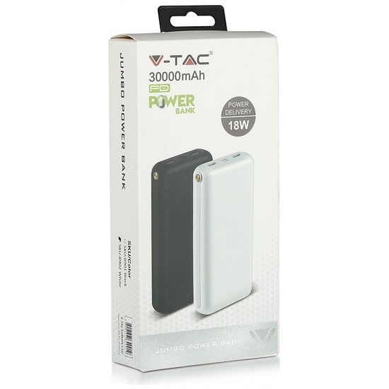 Φορτιστής Μπαταριά Jumbo Power Bank 30000mAh με δύο Θύρες USB, micro USB & Type C Χρώμα Λευκό 8902