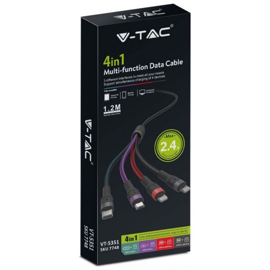V-TAC Καλώδιο Φόρτισης 1.2m 4σε1 USB σε Type C+USB σε Micro+USB σε 2 Lightning 2.4A Γρήγορης Φόρτισης Πολύχρωμο 7748