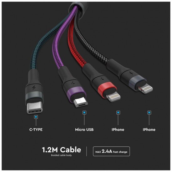 V-TAC Καλώδιο Φόρτισης 1.2m 4σε1 USB σε Type C+USB σε Micro+USB σε 2 Lightning 2.4A Γρήγορης Φόρτισης Πολύχρωμο 7748