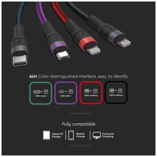 V-TAC Καλώδιο Φόρτισης 1.2m 4σε1 USB σε Type C+USB σε Micro+USB σε 2 Lightning 2.4A Γρήγορης Φόρτισης Πολύχρωμο 7748