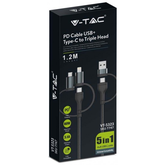 V-TAC Καλώδιο Φόρτισης 1.2m 5σε1 USB+Micro USB+Lightning+2 Type-C 3.1A 60W Max Γρήγορης Φόρτισης Μαύρο 7747