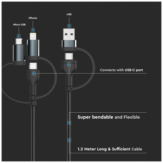 V-TAC Καλώδιο Φόρτισης 1.2m 5σε1 USB+Micro USB+Lightning+2 Type-C 3.1A 60W Max Γρήγορης Φόρτισης Μαύρο 7747