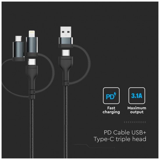 V-TAC Καλώδιο Φόρτισης 1.2m 5σε1 USB+Micro USB+Lightning+2 Type-C 3.1A 60W Max Γρήγορης Φόρτισης Μαύρο 7747