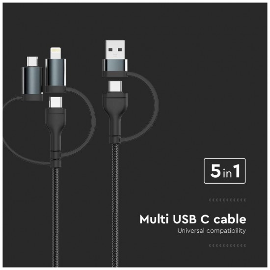 V-TAC Καλώδιο Φόρτισης 1.2m 5σε1 USB+Micro USB+Lightning+2 Type-C 3.1A 60W Max Γρήγορης Φόρτισης Μαύρο 7747
