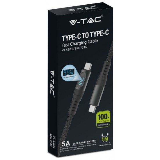 V-TAC Καλώδιο γρήγορης φόρτισης Type C σε Type C με ψηφιακή οθόνη LED SKU: 7746