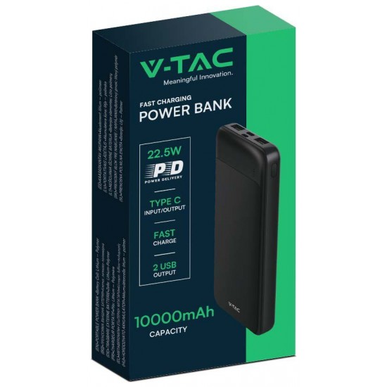 V-TAC 7833 Power Bank 10000mAh με Θύρα USB-A και Θύρα USB-C Μαύρο