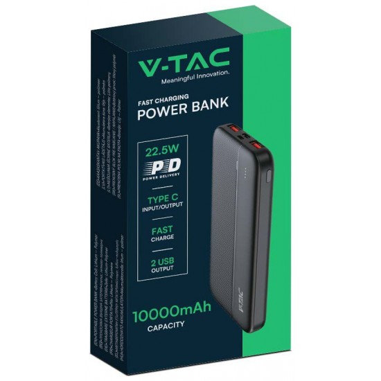 V-TAC Power Bank 10000mAh με Θύρα USB-A και Θύρα USB-C Μαύρο