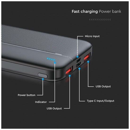 V-TAC Power Bank 10000mAh με Θύρα USB-A και Θύρα USB-C Μαύρο